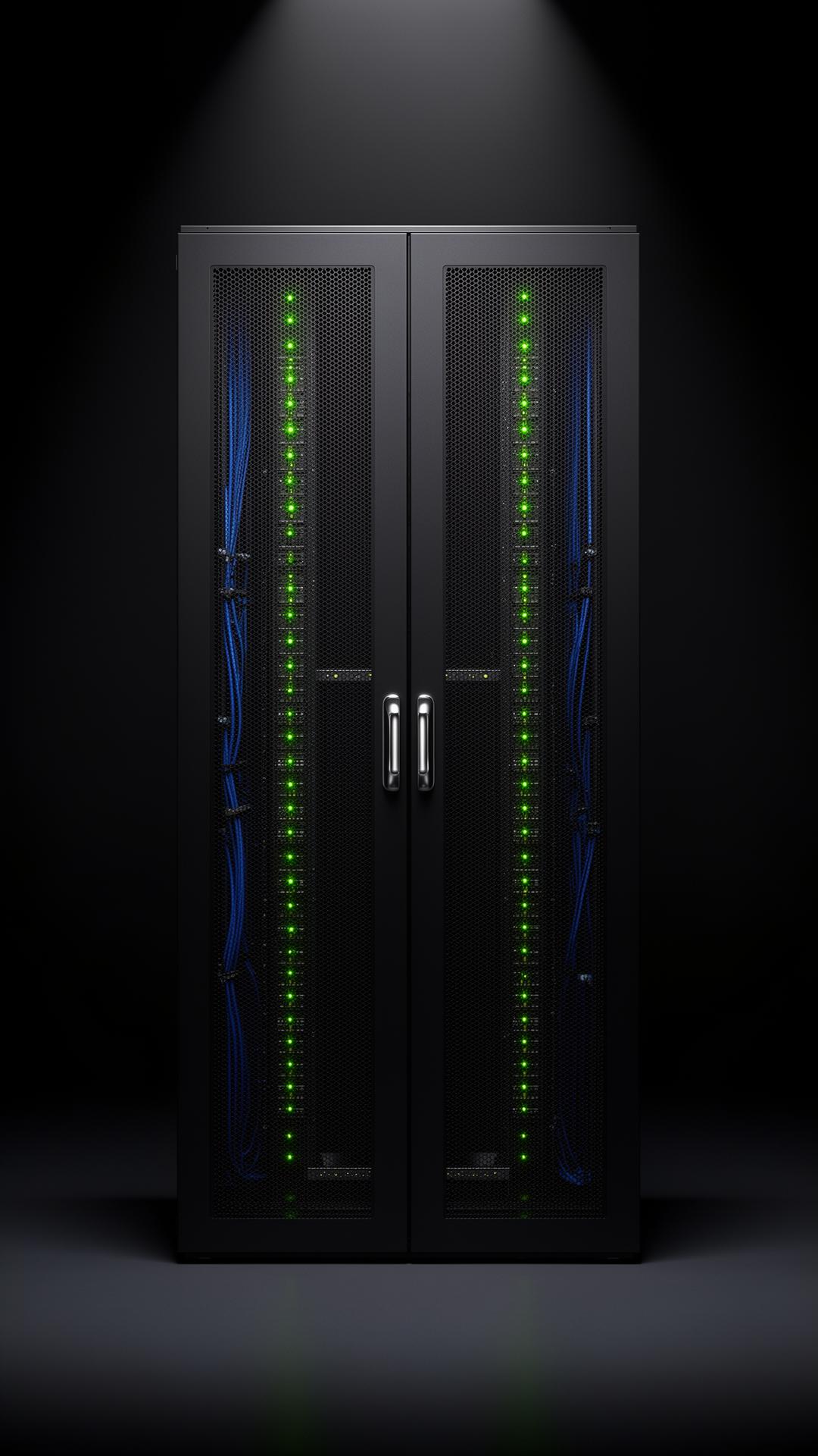 Modern 42U server cabinet with green status LEDs